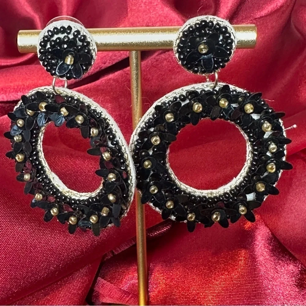Francesca’s Black Sequin Floral Beaded Statement Earrings  NWT